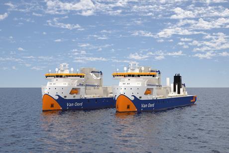 Render of two Van Oord subsea rock installation vessels