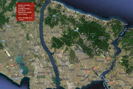 The proposed 45km long canal would be a sea level link between the Black Sea and the Sea of Marmara