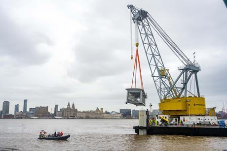 The picture shows the Lara 1 crane at work on the Woodside Linkspan Bridge installation