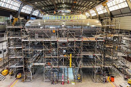 The image shows the Incat H100 ferry under construction