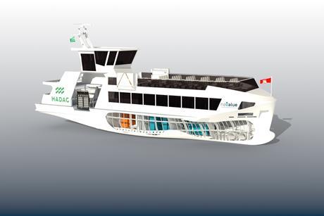 The image shows a render of the new HADAG Type 2030e ferry