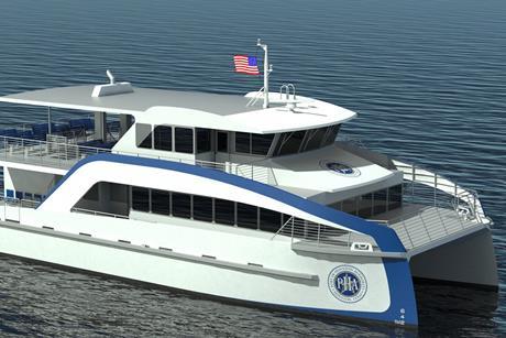 The image shows a render of Port Houston's new hybrid electric ferry