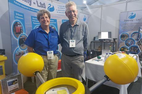 Marc van der Zwan, managing director and Helen van der Zwan, director of Zwanny Ltd with the Foilex micro weir skimmer pictured at Seawork