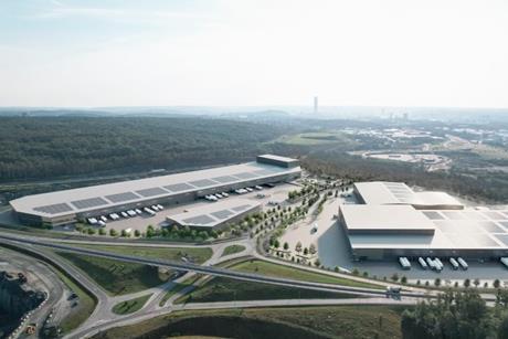 The image shows a conceptual rendering of Halvorsäng Logistics Park