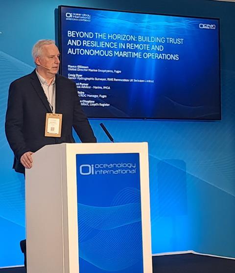 Marco Gilissen, Global director Marine Geophysics, modering the panel discussion for Fugro