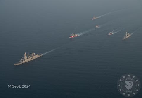 Vessels from EUNAVFOR ASPIDES provided protection for the attending tugs (EUNAVFOR ASPIDES)