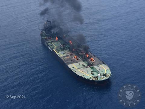 Fires on the deck of 'Sounion' continued after the attack (EUNAVFOR ASPIDES)