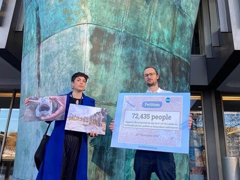 EIA Ocean campaigners Christina Dixon and Tom Gammage deliver the petition to the IMO