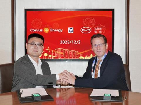 Tom Wang, Sales director with BYD (L) and Ole Jacob Irgens, Regional director EMEA and Asia, with Corvus