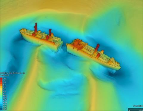 Survey graphics show the wreck resting on sand banks and in two parts (MCA)
