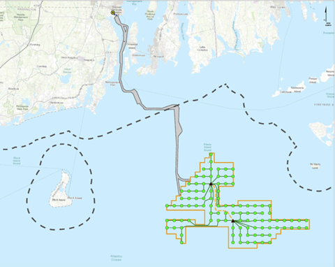 Proposed locations of turbines at a new Rhode Island offshore wind farm