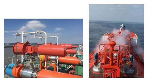 Water spray systems (white piping) for gas carrier and chemical tanker PO deck area.