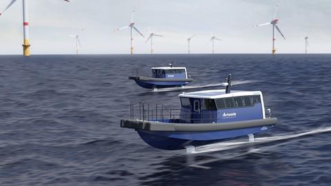 An artist's impression of the new Artemis EF-12, a 100% electric foiling vessel designed for the offshore wind market