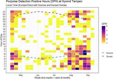 Harbour porpoise acoustic activity across months and time of day, highlighting peak vocal axtivity periods