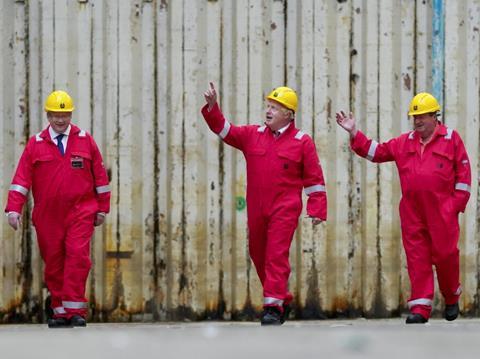 The Prime Minister, Boris Johnson Visiting Harland & Wolff (Appledore). L-R John Wood (Harland & Wolff Group CEO), Boris Johnson (Prime Minister), Clifford Edwards (Maintenance Manager)
