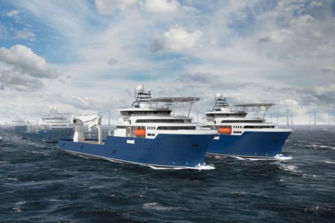 The image shows a render of the new Offshore Construction Vessels (OCVs)