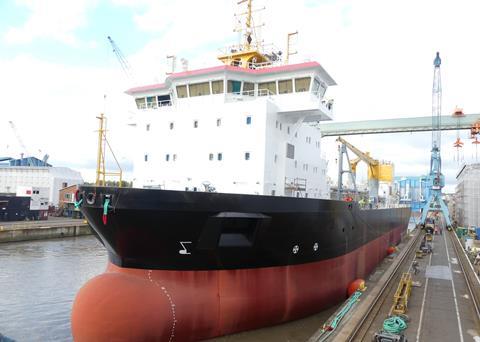WSV dredger newbuild Osteriff after floating out. (Photo: Pella Sietas)