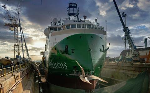 'Polarcus Naila' in dry dock at Navalrocha's Portugal shipyard