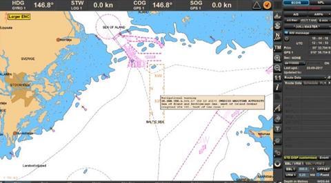 Navigational Warning displayed on board in ship’s ECDIS (Image: Transas)