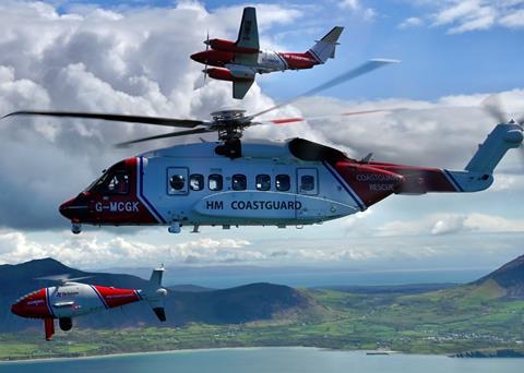 HM Coastguard’s drone, helicopter and aeroplane assets undertaking their first formation flight in Wales (Credit: Ian Black, HM Coastguard, Bristow Helicopters, 2Excel Aviation)
