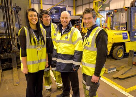 Andrew Moffat, CEO, Port of Tyne, with apprentices Leigh Alder, Tom Hall and Jordan Gibson