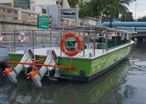 twin Torqeedo Cruise 10kW electric outboards, each with six Torqeedo lithium battery banks and two fast chargers