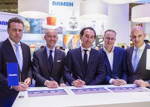 Present at the signing at Europort 2017 were Gerbrand Schutten (CEO Aqualiner), Maurice Swets (CEO Aqualiner), Dimitri Romijn (CFO Aqualiner), Arnout Damen (CCO Damen) and Jelle Meindertsma (Sales Manager Damen)