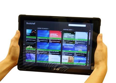 The tablet stores hundreds of maritime publications and documents on its ‘virtual bookshelf’