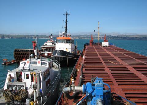 The casualty was anchored in St Austell Bay, supported by KML’s tug, landing craft and guard vessels