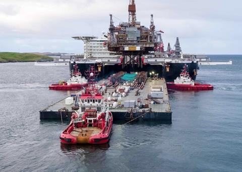The platform was brought to Shetland on the world's largest construction ship, the 'Pioneering Spirit'