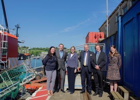 Alex Lake (CMN), Mark Williams (Falmouth Town Council), Sarah Newton (MP for Truro and Falmouth) and Paul Wickes (CMN) celebrate with Diccon Rogers and Anne van Houten (KML) the purchase of Falmouth Wharves by KML