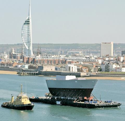 The Type 45 bow block leaves Portsmouth Harbour en route to Glasgow.