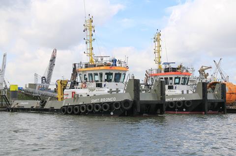 Two of the B-Class tugs pictured in Rotterdam wearing their previous Smit clothing (Peter Barker)