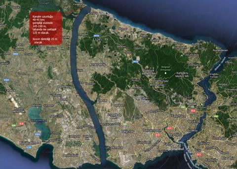 The proposed 45km long canal would be a sea level link between the Black Sea and the Sea of Marmara