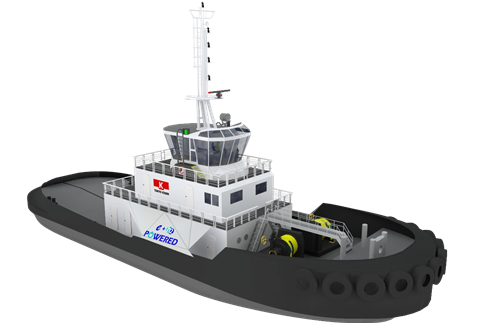 The electrically powered hydrogen cell fuel tug will provide 50tbp (Tokyo Kisen - e5 Lab)