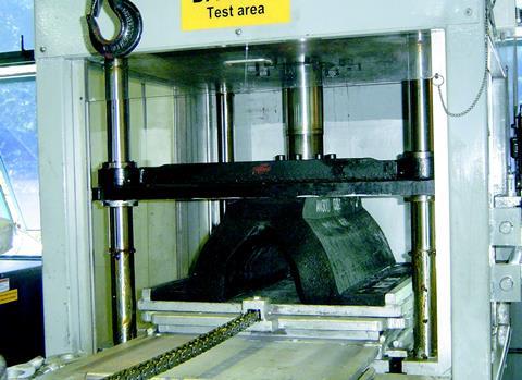 AFentek fender undergoing one of the many tests required for PIANC Type Approval in a specially designed computer controlled test rig.