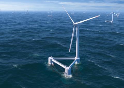 The WindFloat base is fitted with patented water entrapment plates at the base of each column and a patented hull-trim system that distributes water ballast between the three columns